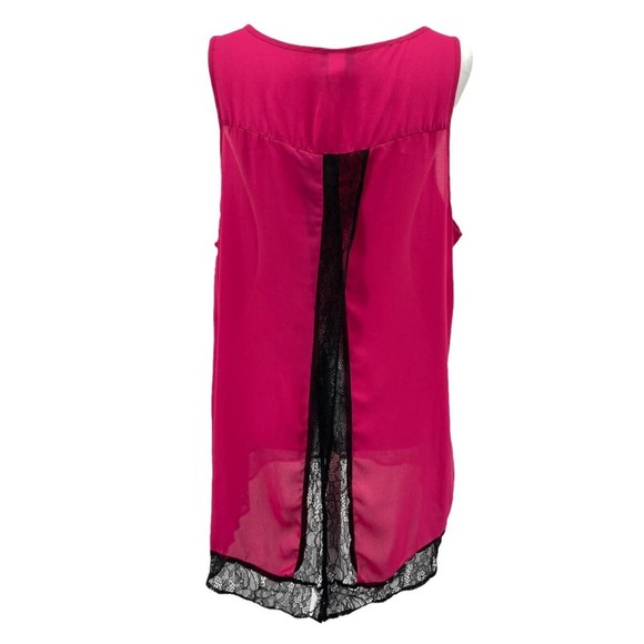 Torrid Fuchsia Sheer Sleeveless Scoop Neck Blouse Slit Back & Black Lace Trim - Picture 3 of 11